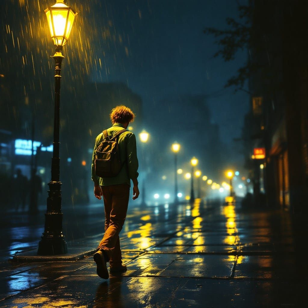 shaggy from Scooby doo walking in the rain under a street lamp, at night.