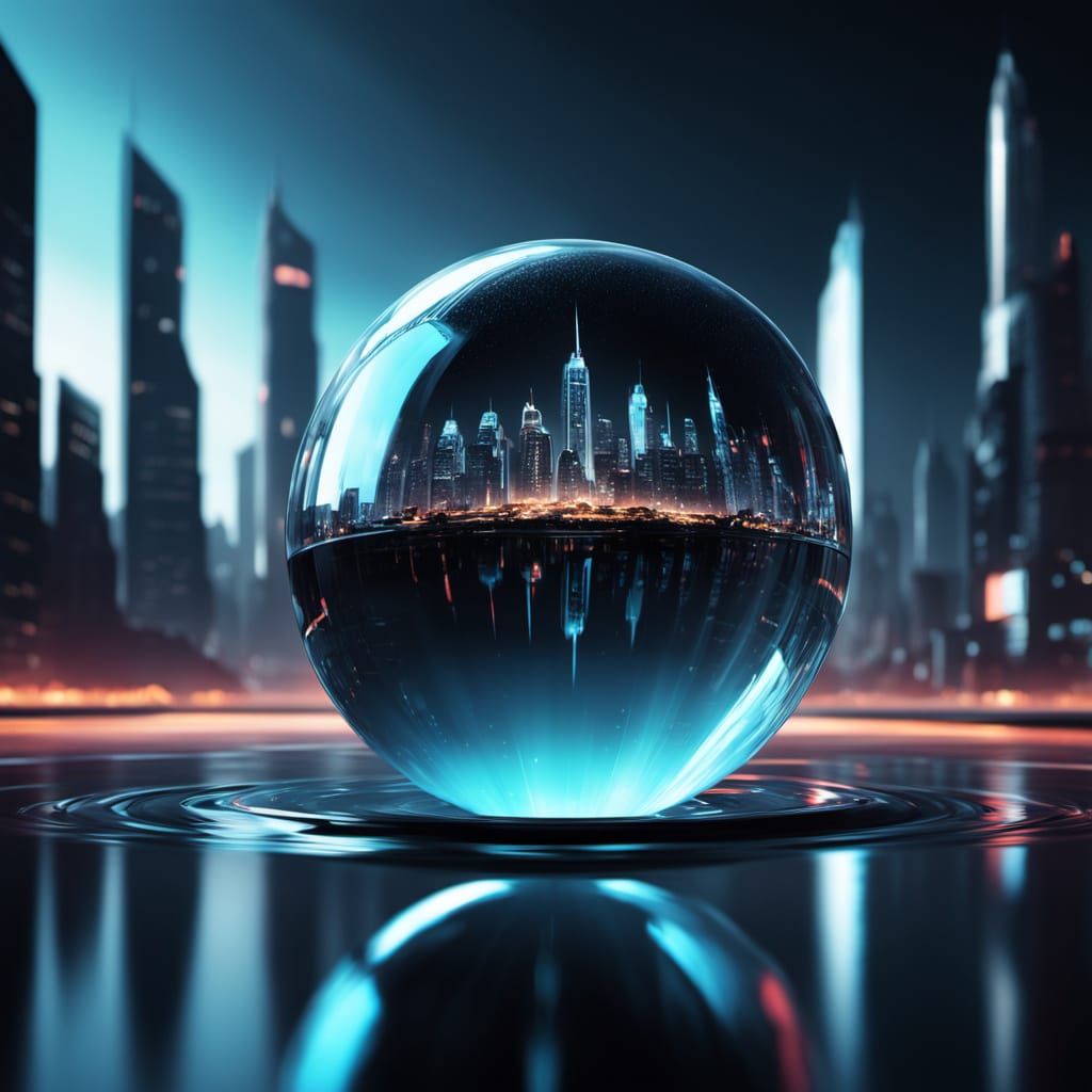Glowing Cityscape in a Water Droplet on Black Background