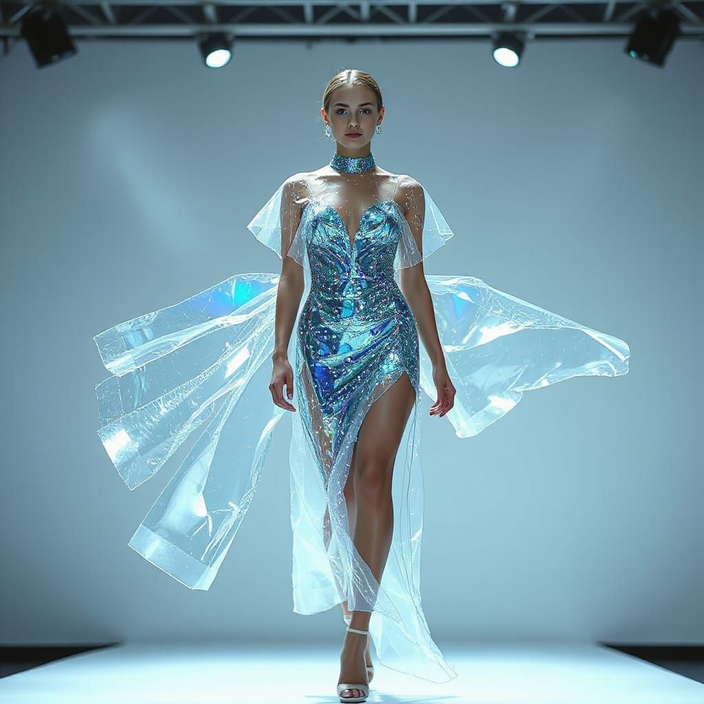 Futuristic Model in Floating Glass Gown with Pulsating LEDs