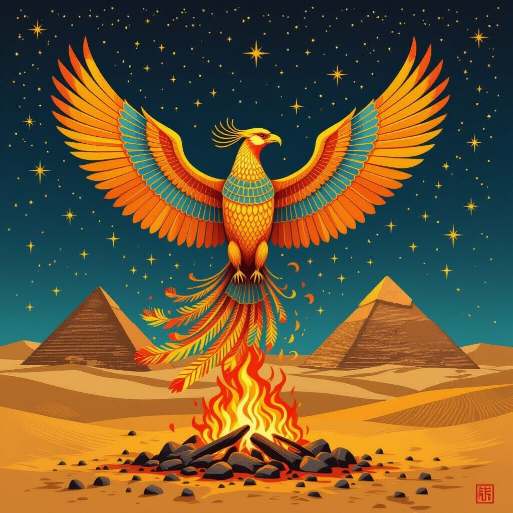 Phoenix Rises from Embers in Egyptian Hieroglyph Style