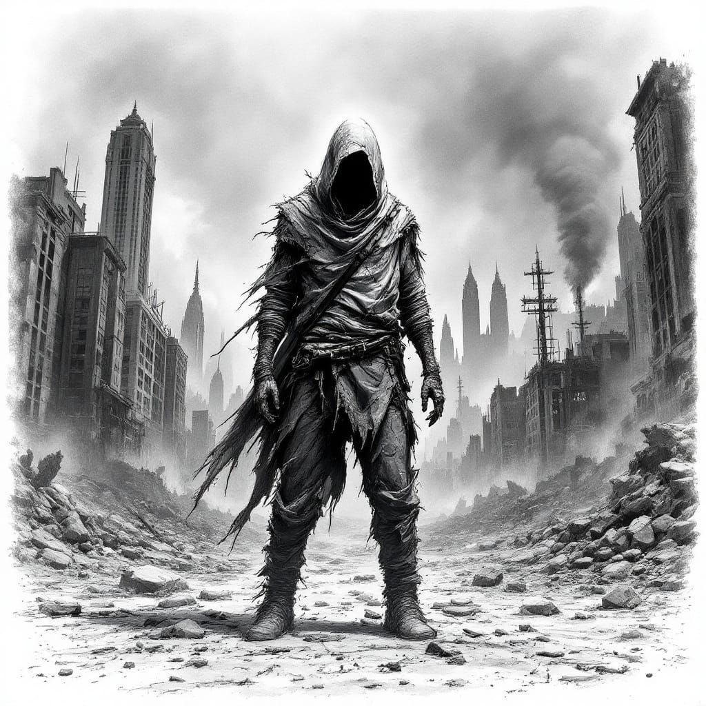 Post-Apocalyptic Wasteland Charcoal Illustration