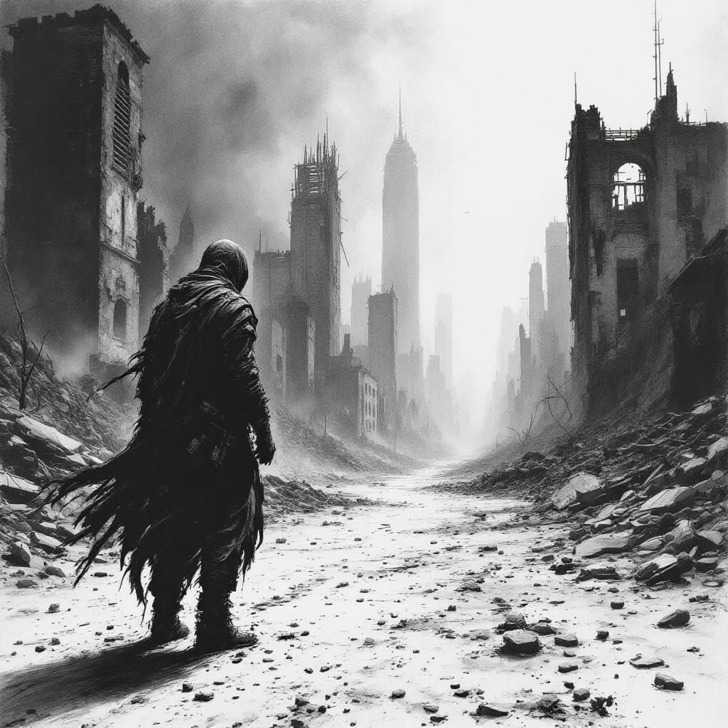 Post-Apocalyptic Figure in Barren Wasteland: Charcoal Drawin...