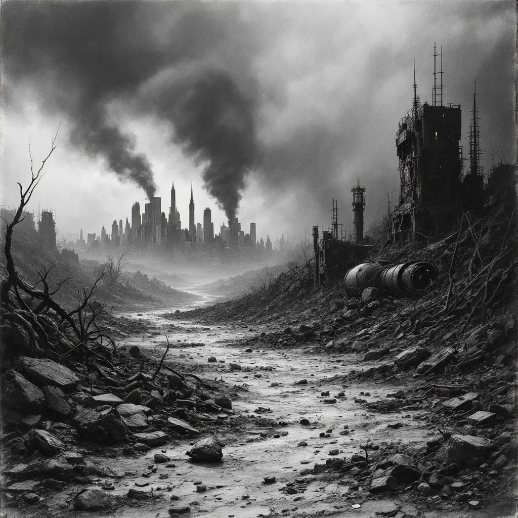 Dystopian Wasteland: Ravaged Cityscape in Charcoal