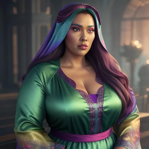 Sensual Big Beautiful Woman BBW Lady Wearing Long Sleeve Rainbow satin modest nightdress. Rainbow Satin headscarves, Rai...