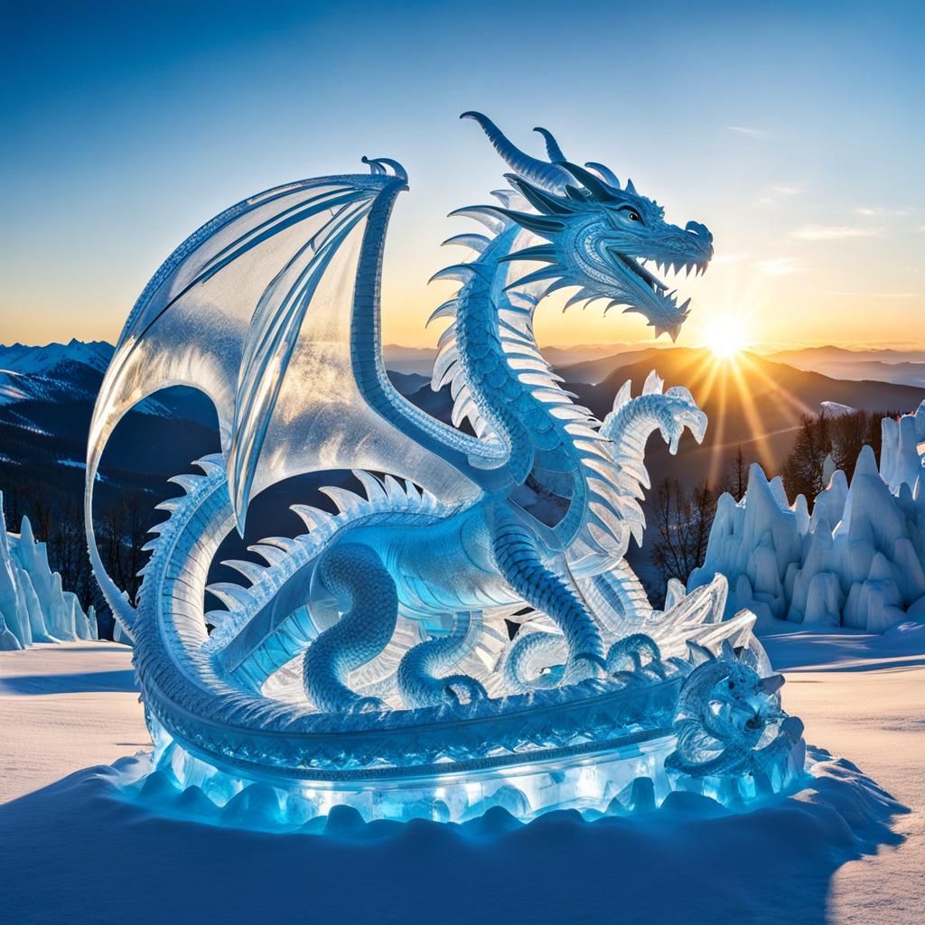 Giant Ice Dragon Sculpture in Winter Sun