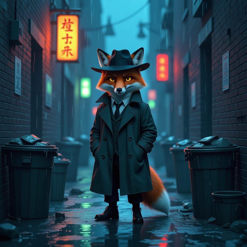 Anthropomorphic Fox Detective in Gritty Noir Alley