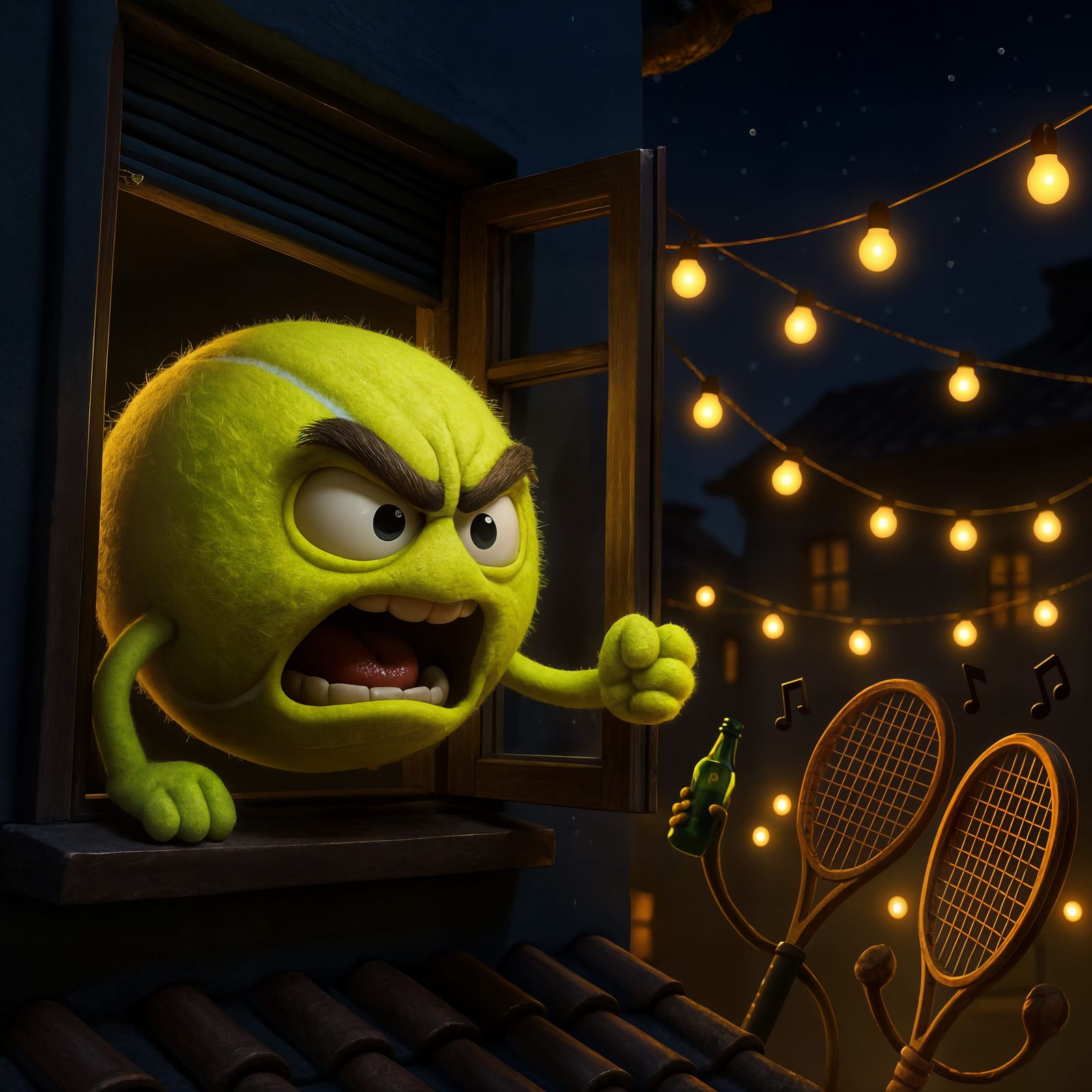 Angry Tennis Ball Yells at Partying Rackets