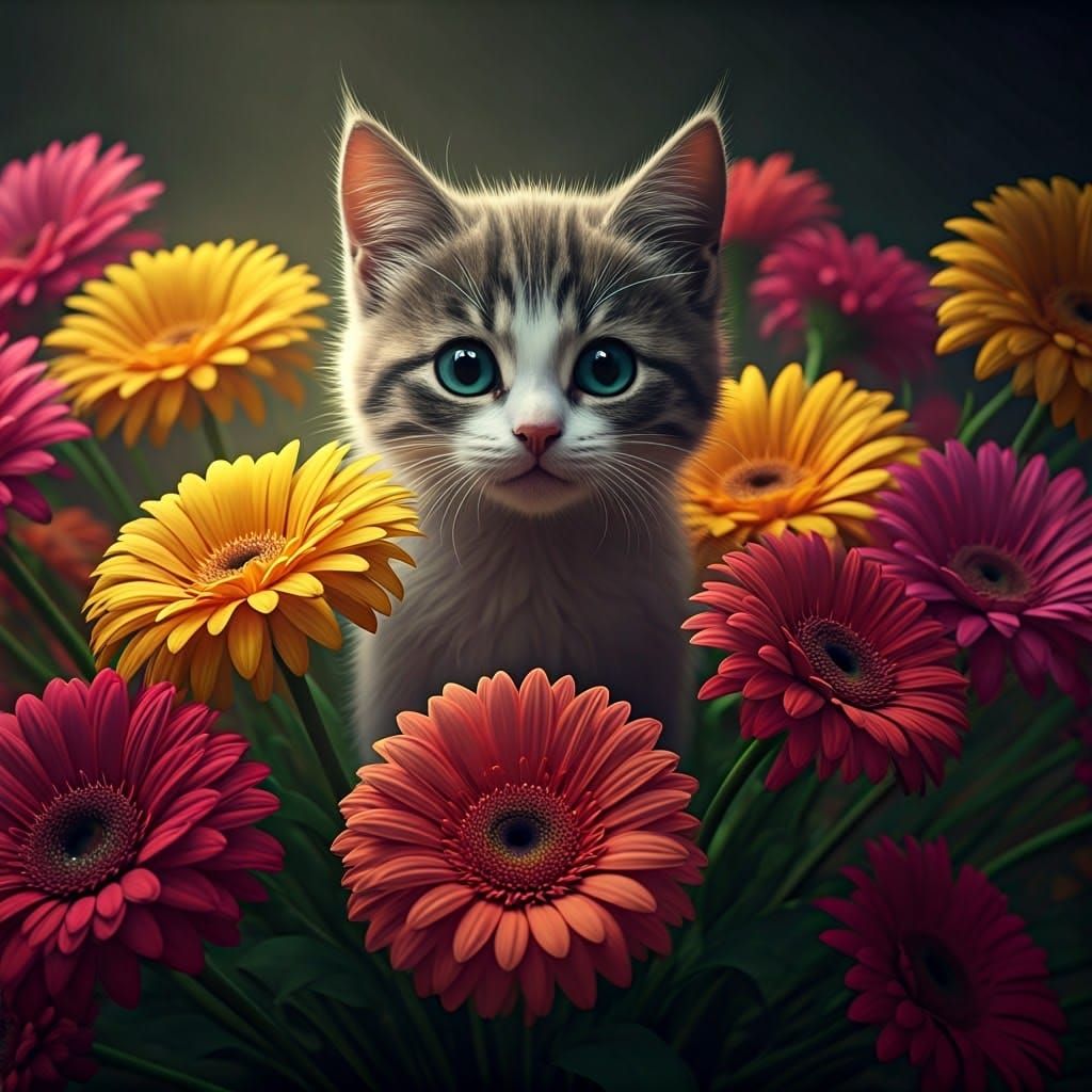 Adorable Ghost Kitten in Flowers, Vaporwave Art