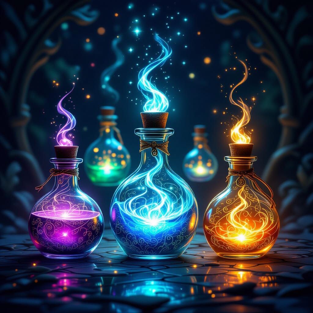 Magical Glowing Potions in Mystical Dark Setting