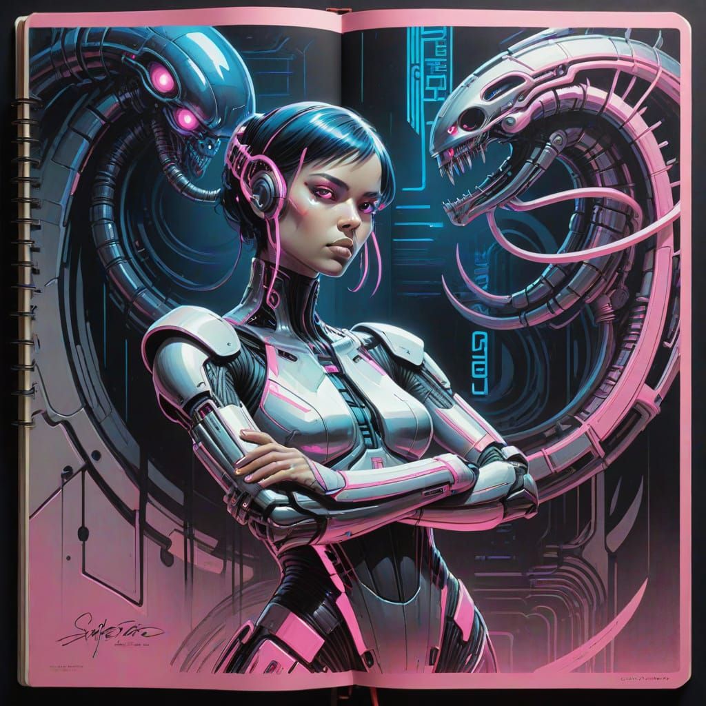 Cyberpunk Woman in Shaded Notebook Aesthetic