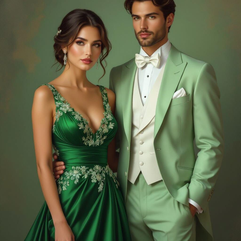 Couple in Elegant Green Attire with Intricate Embroidery
