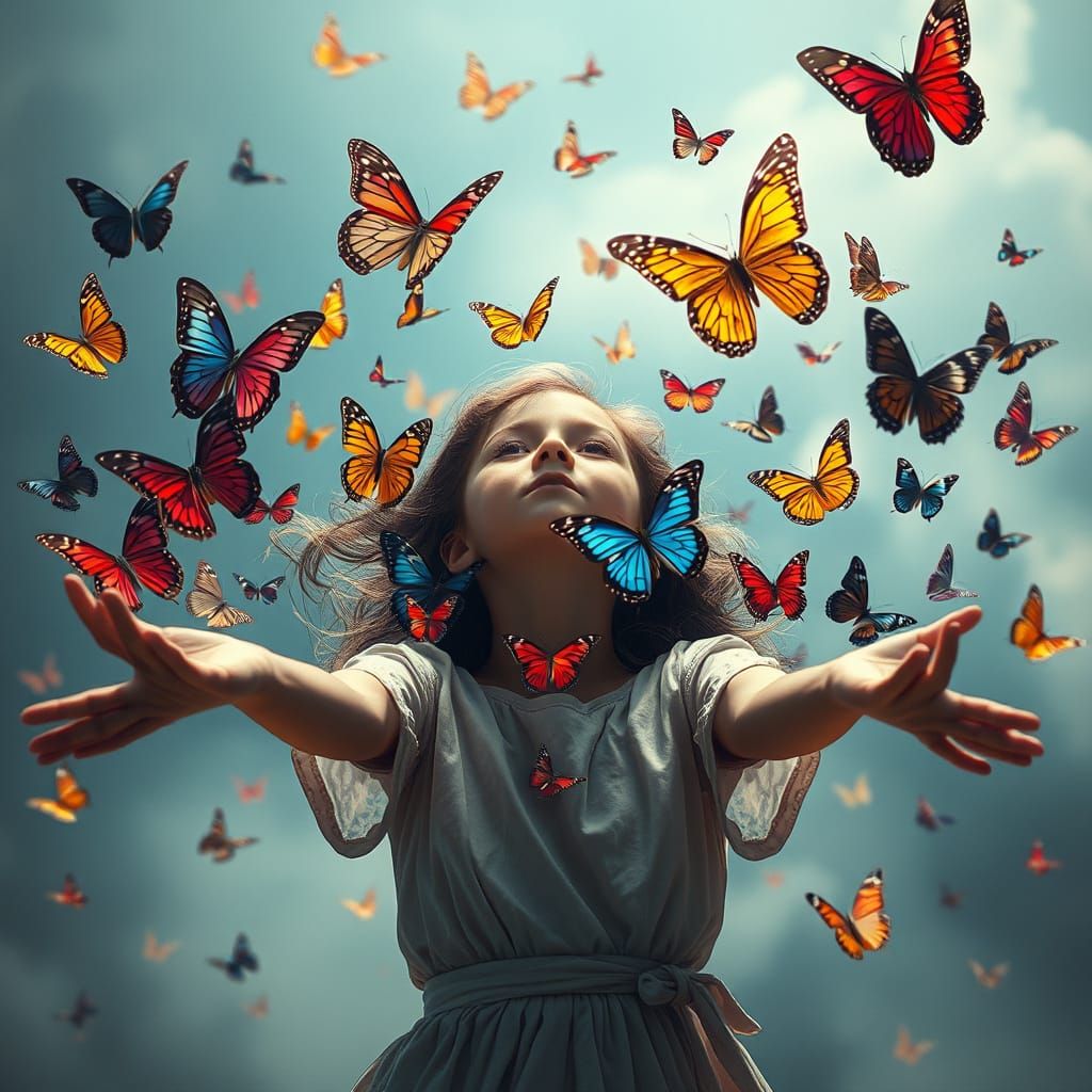 Girl Surrounded by Vibrant Butterflies in Epic Cinematic Sce...