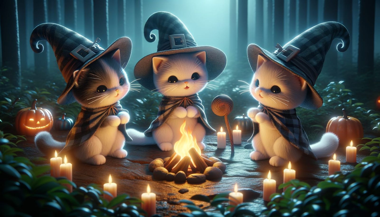 Whimsical Cats Dance Around Campfire in 3D Digital Art