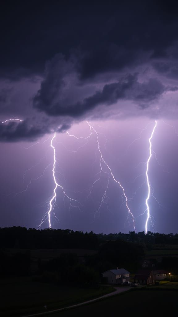 Night Thunderstorm over Rural Town with Lightning