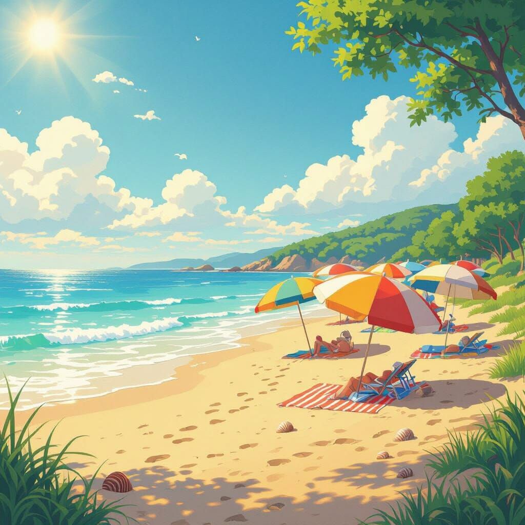 Vibrant Beach Scene in Ghibli Animation Style