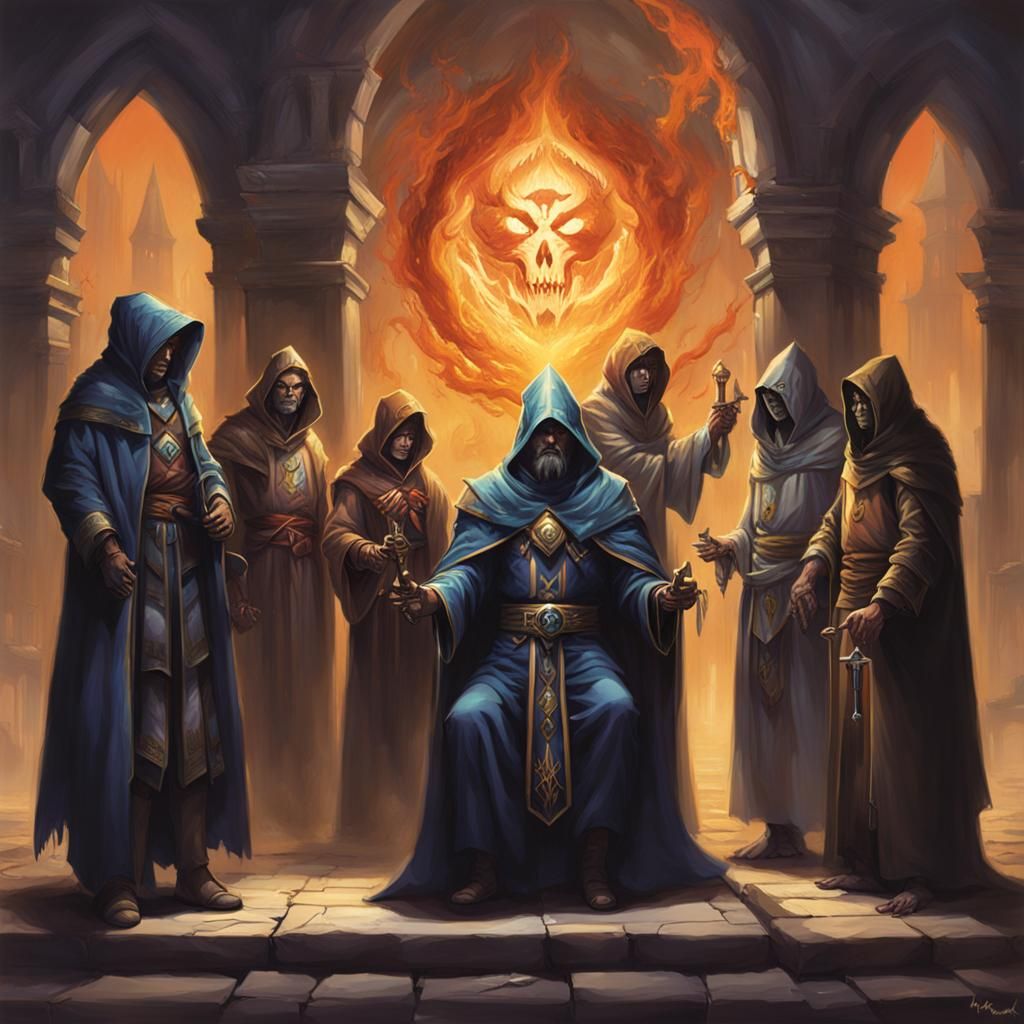 Sinister Adepts Learning Wisdom: A Greg Rutkowski-Style Scen...