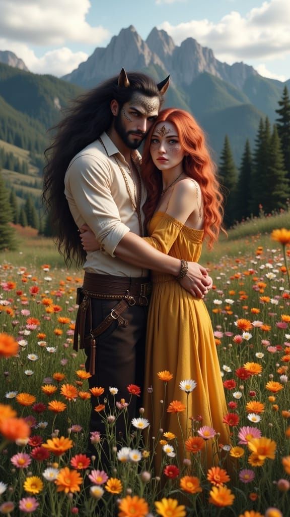 Hyperrealistic Romance Book Cover of Dragon Human Hybrid Cou...