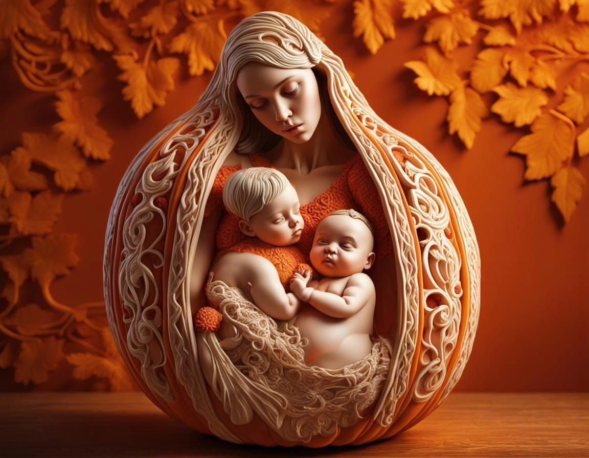 Intricate Pumpkin Carving of Mother and Baby