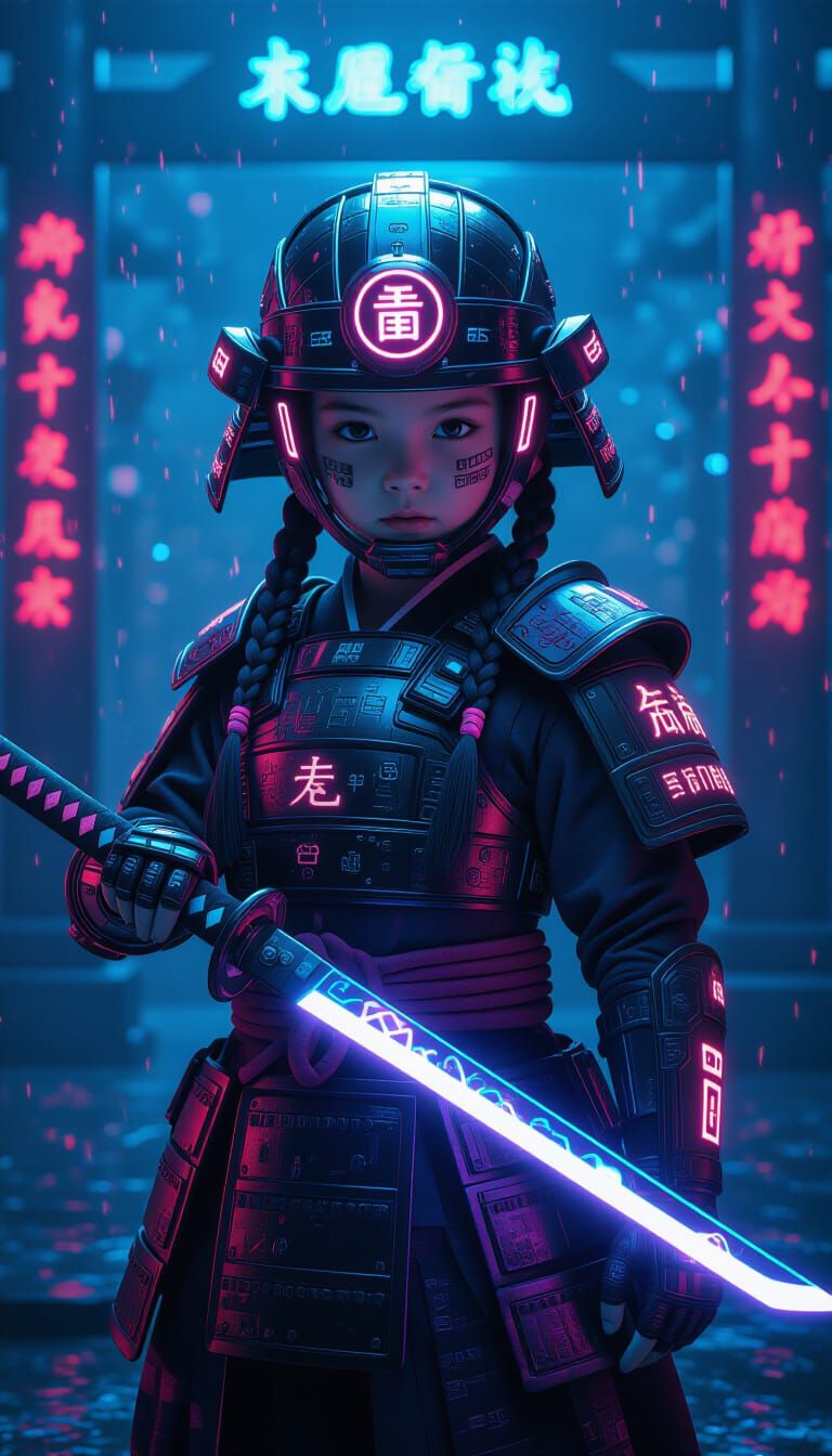 Cyber Samurai Girl in Techno-Temple, Hyperdetailed 8k