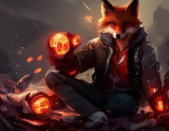 Anthropomorphic Fox Superhero Manipulating Fireballs