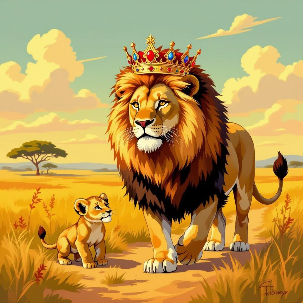 Regal Lion and Cub on Sun-Kissed Savannah