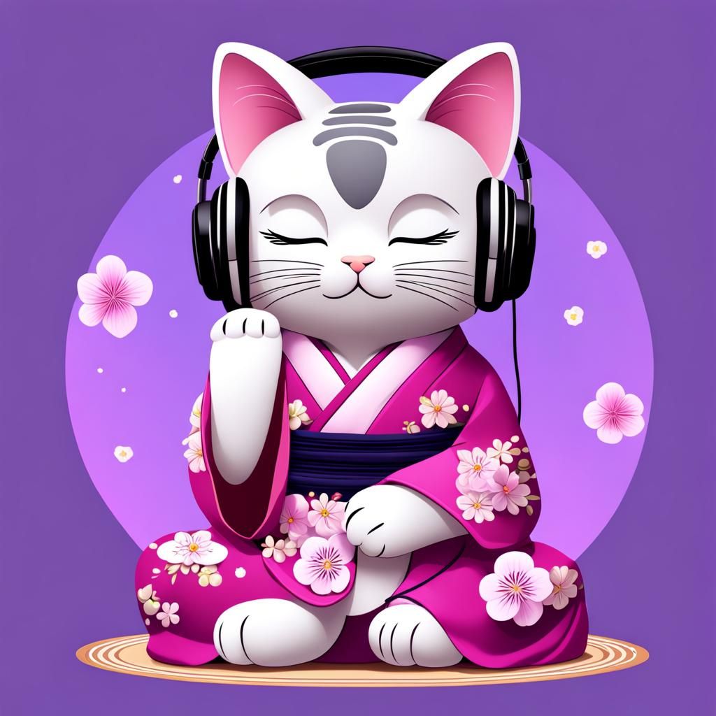 Maneki Neko in Pink Kimono with Headphones