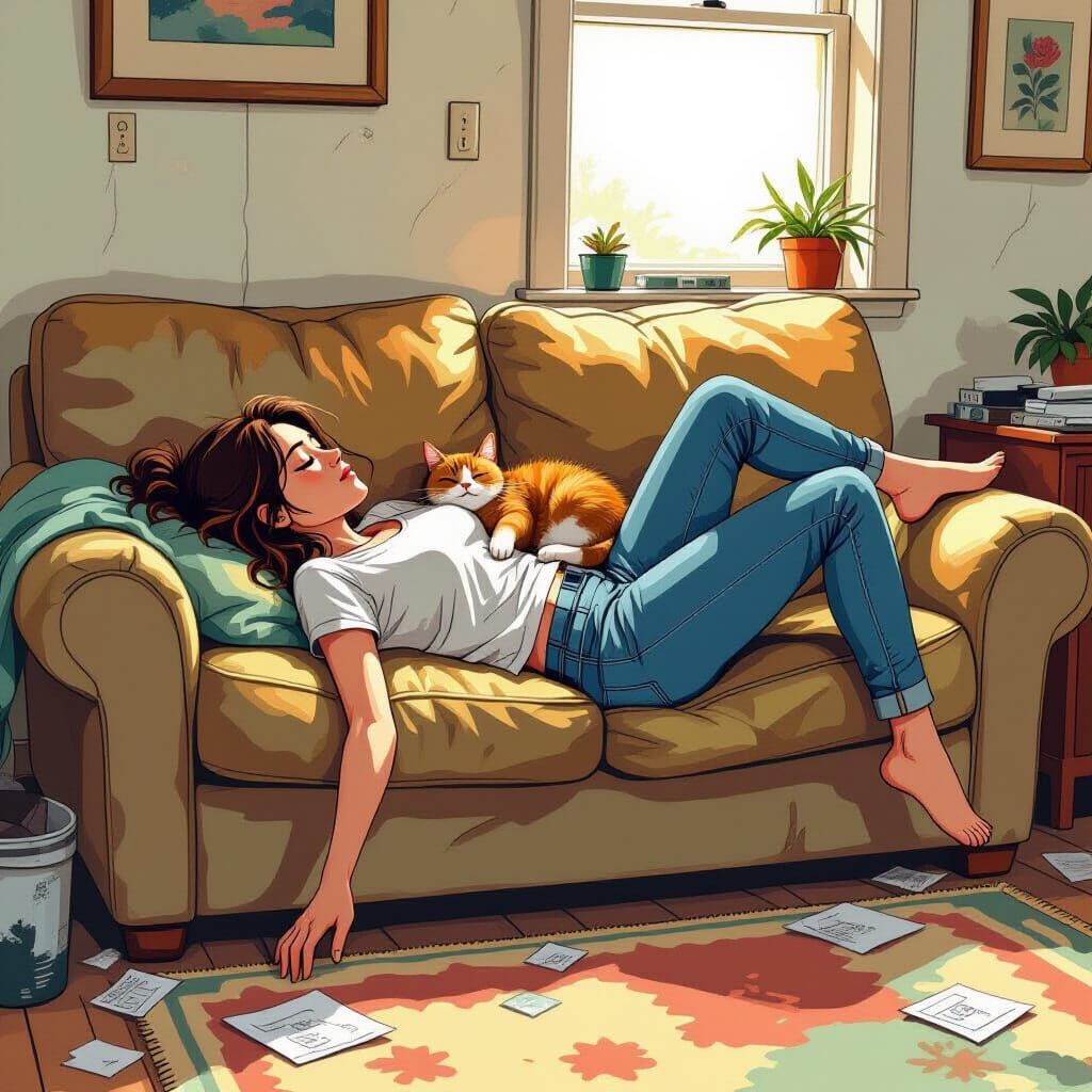 Woman Relaxing with Cat in Hyper-Realistic Comic Style