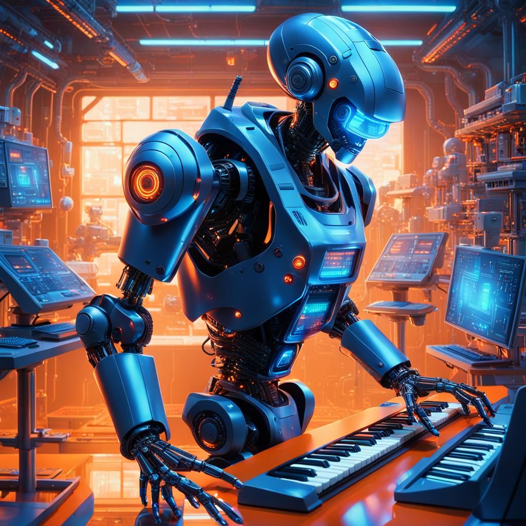 Futuristic Robot Plays Keyboard in High-Tech Lab