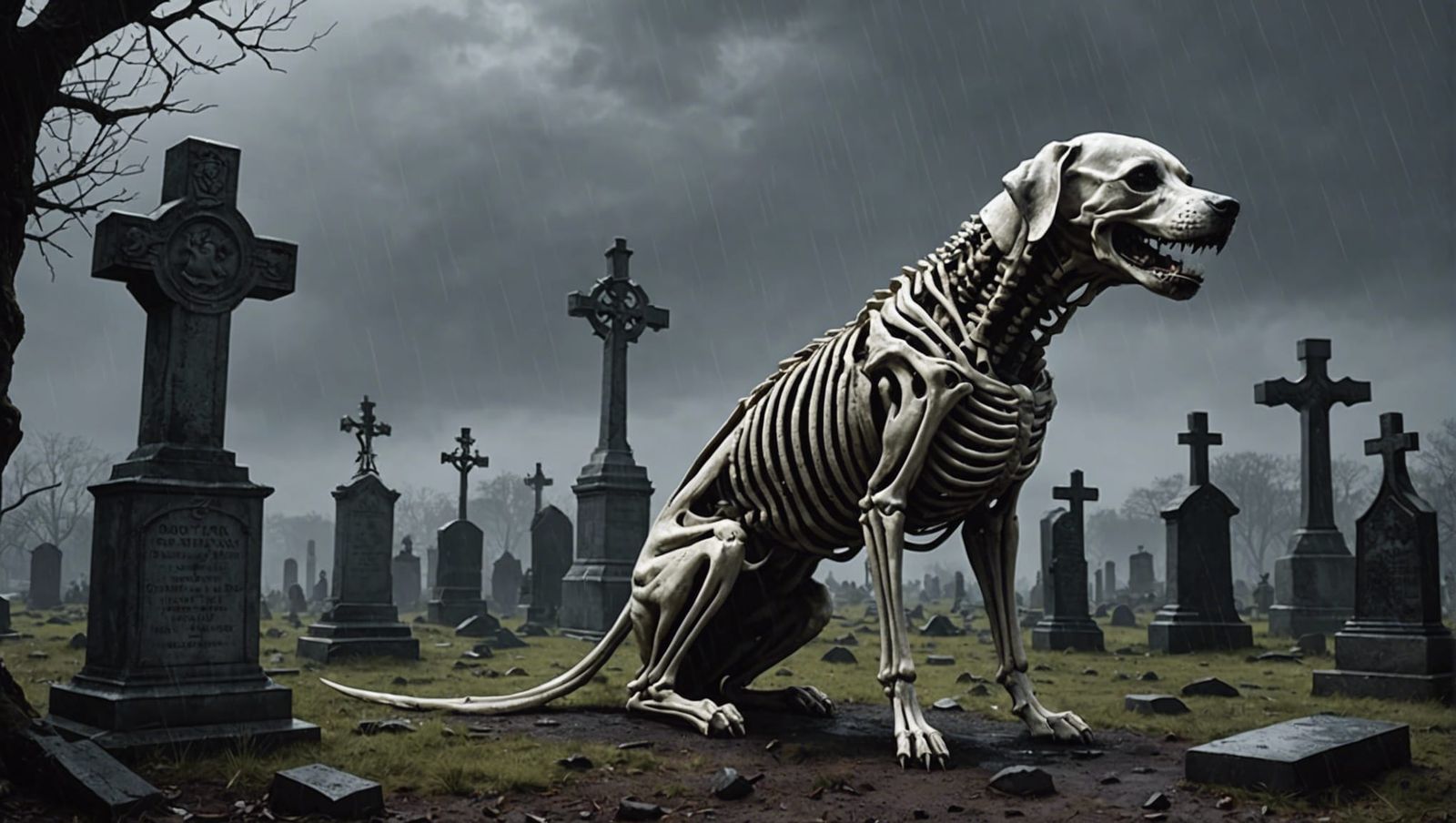 Skeleton Dog in Graveyard, Gothic Horror Art