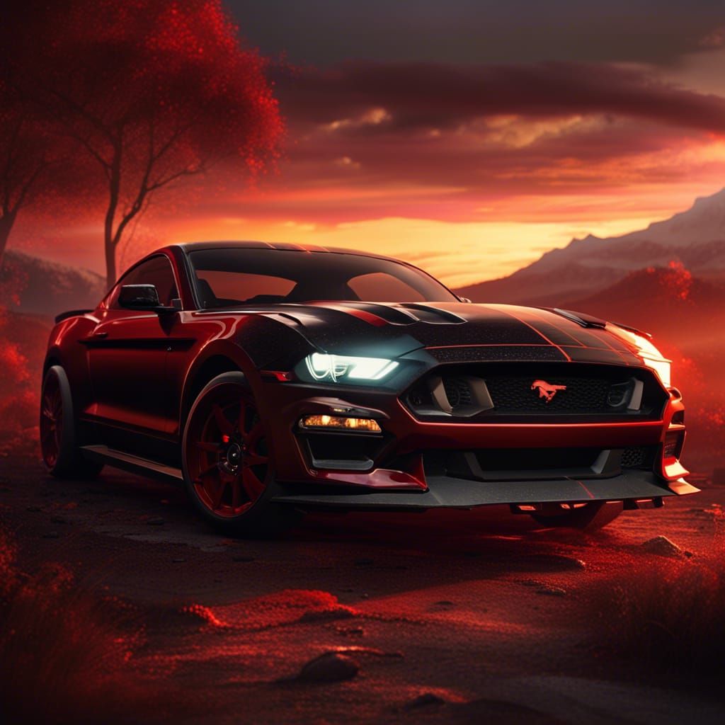 Red and Black Ford Mustang Sunset: Detailed Matte Painting