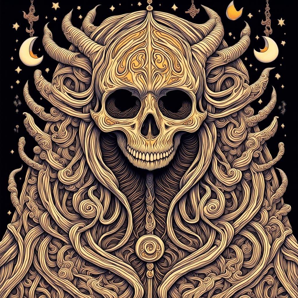 Intricate Tribal Effigy in Psychedelic Death Metal Style