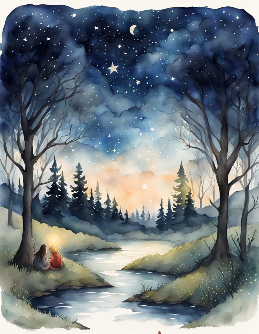 Watercolor Hearts Entwined Under Starry Sky