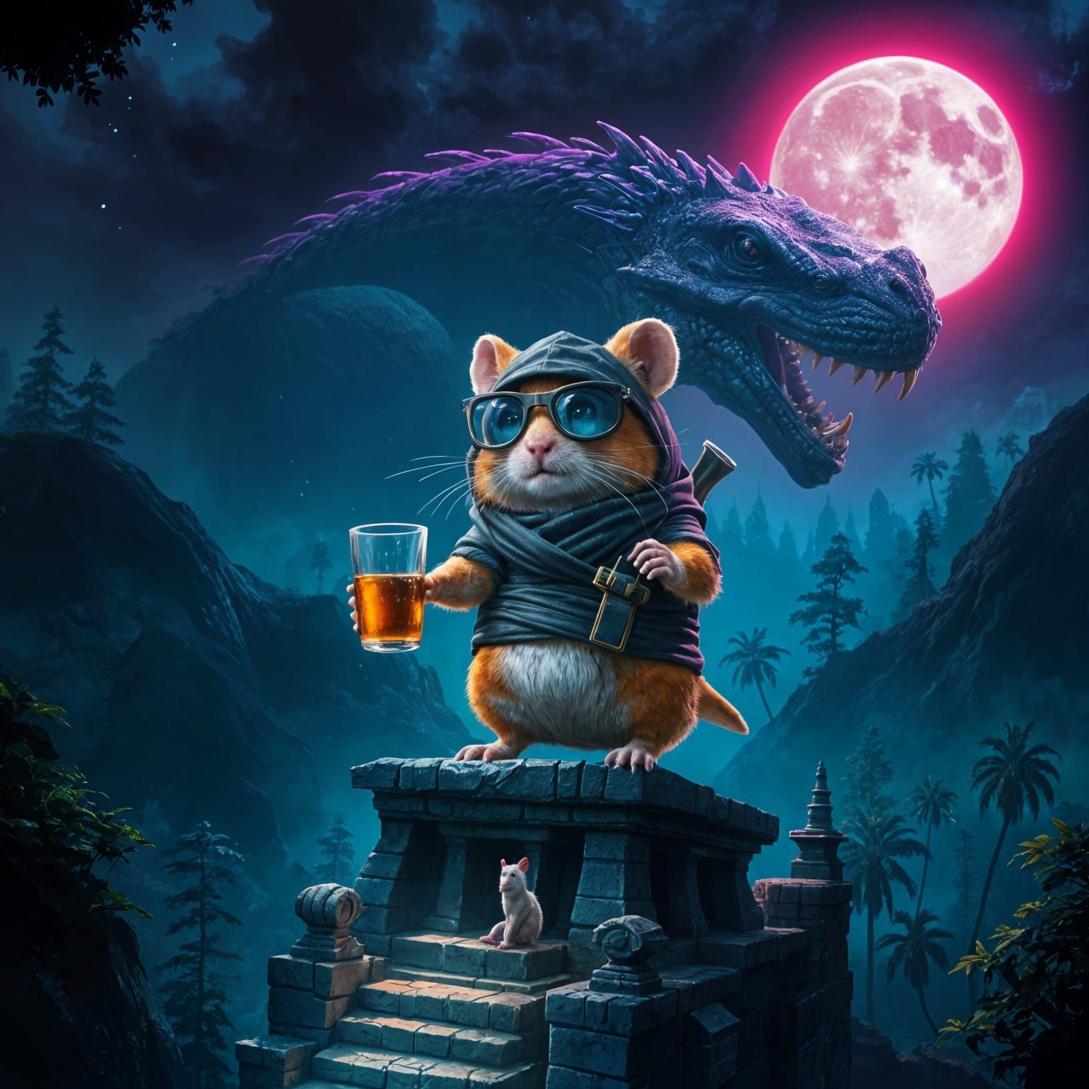 Ninja Hamster Professor in Neon Temple Ruins