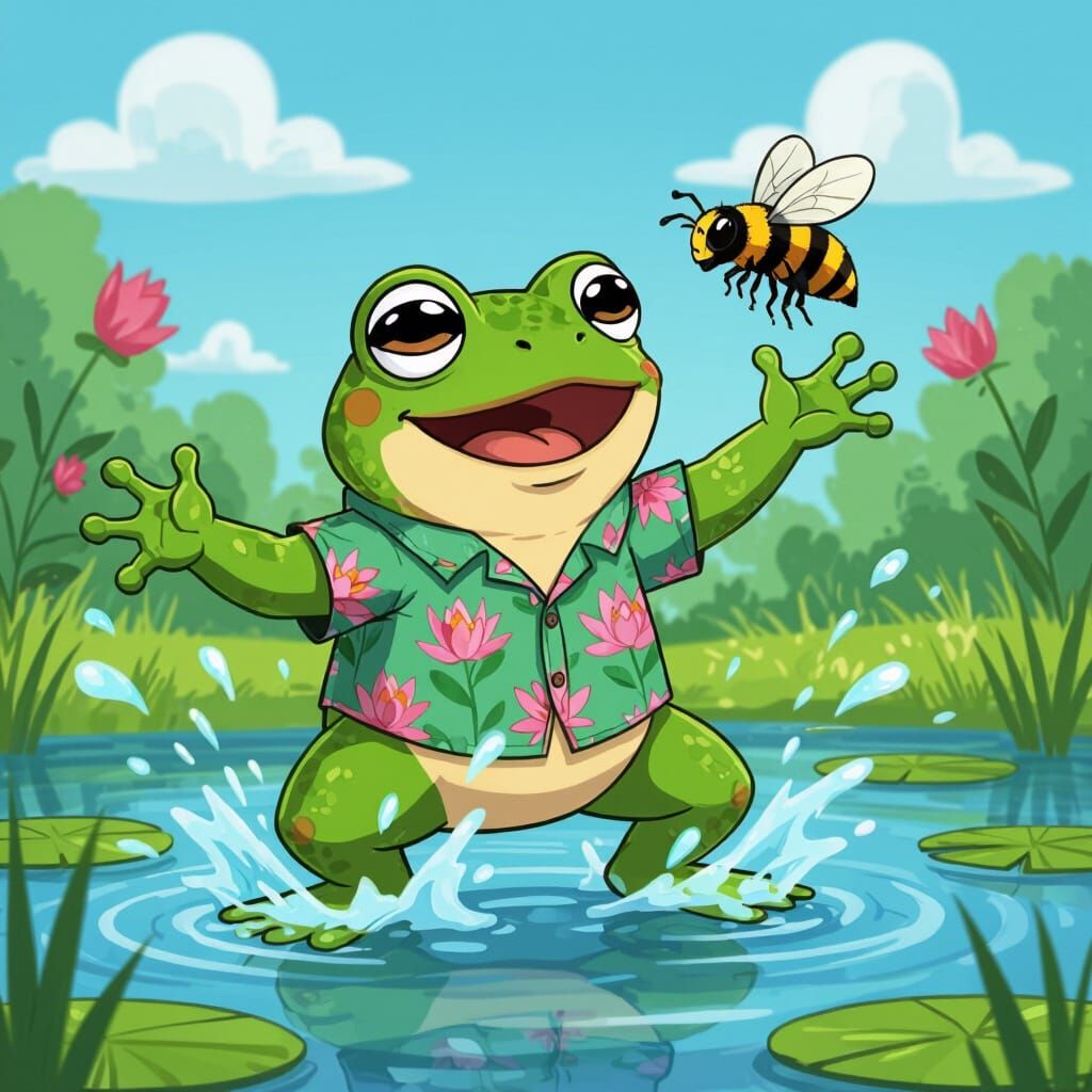 Cartoon Frog Catches Bee in Comic Style