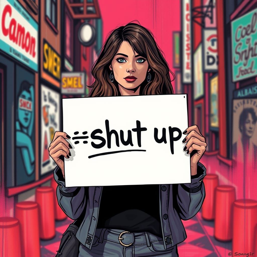 Woman Protests with Graffiti Sign in Digital Art Style