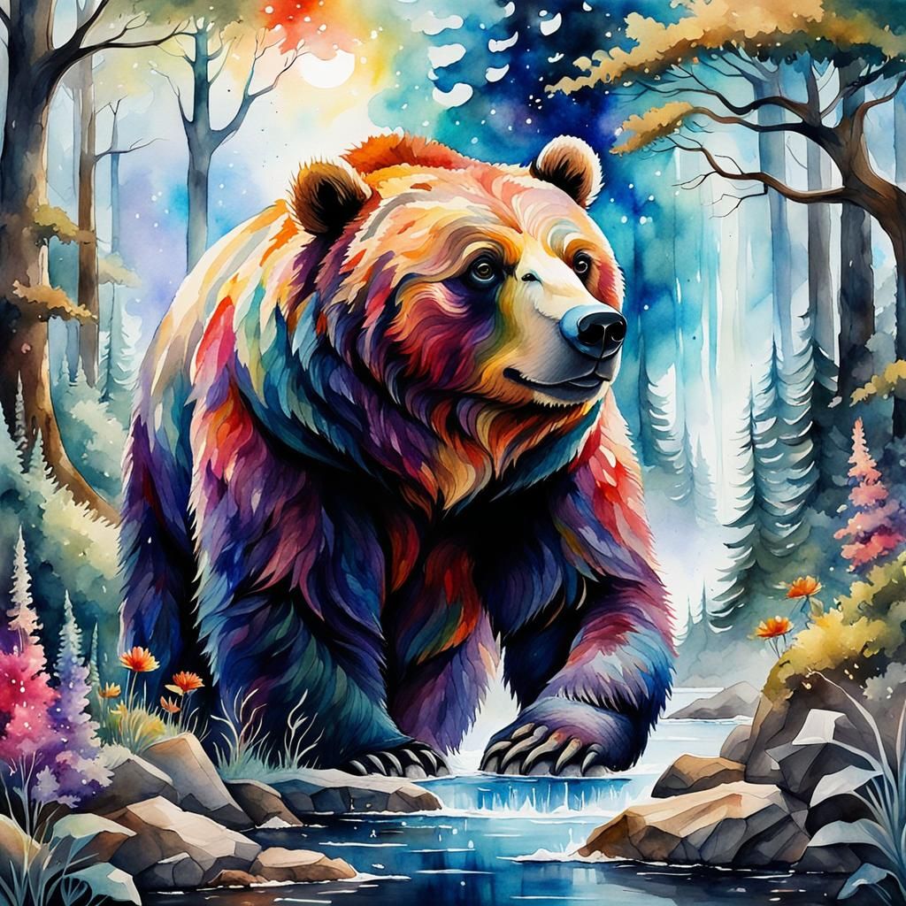 Magical Bear in Colorful Watercolor Fantasy World