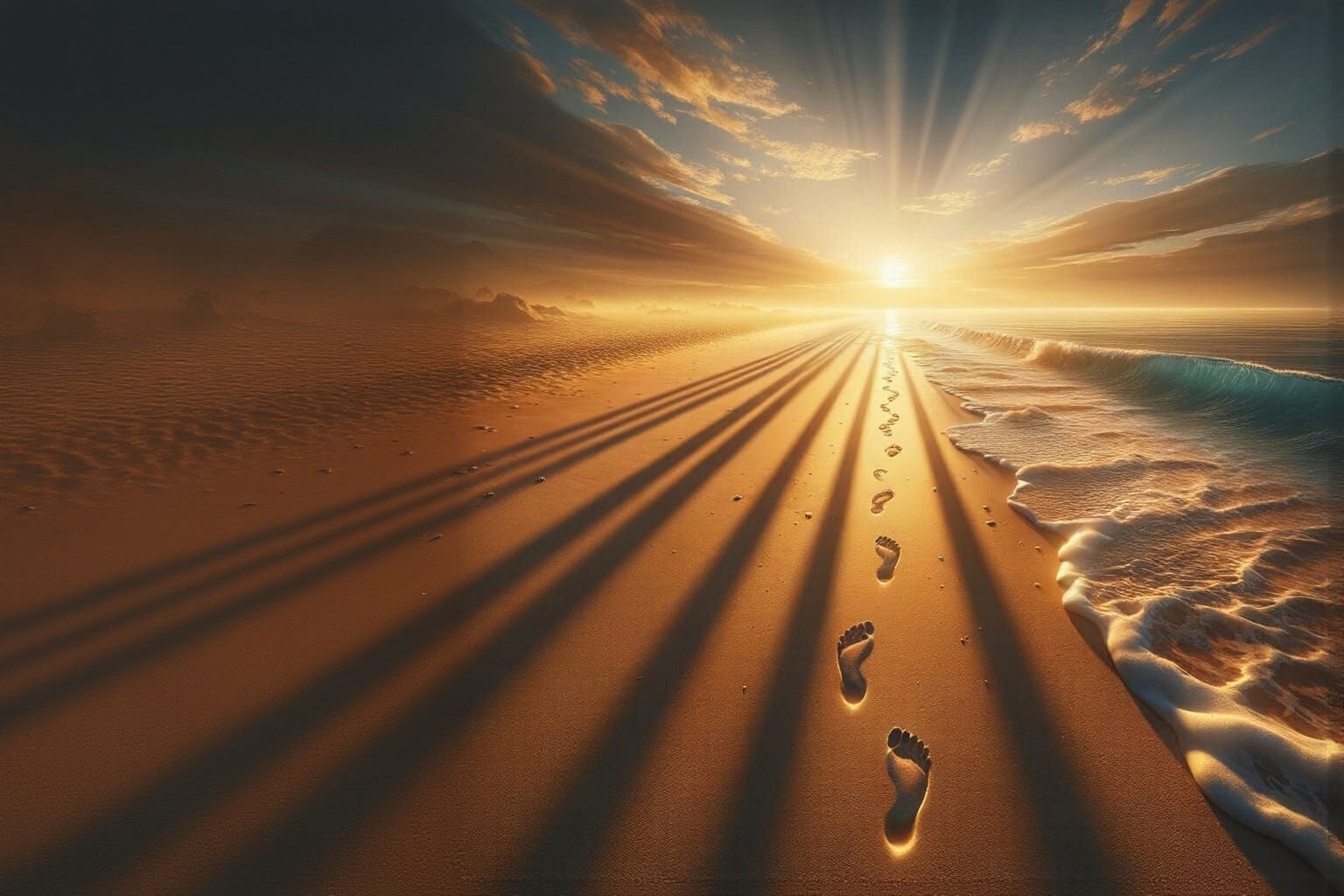 Golden Hour Beach Footprints Leading to Horizon