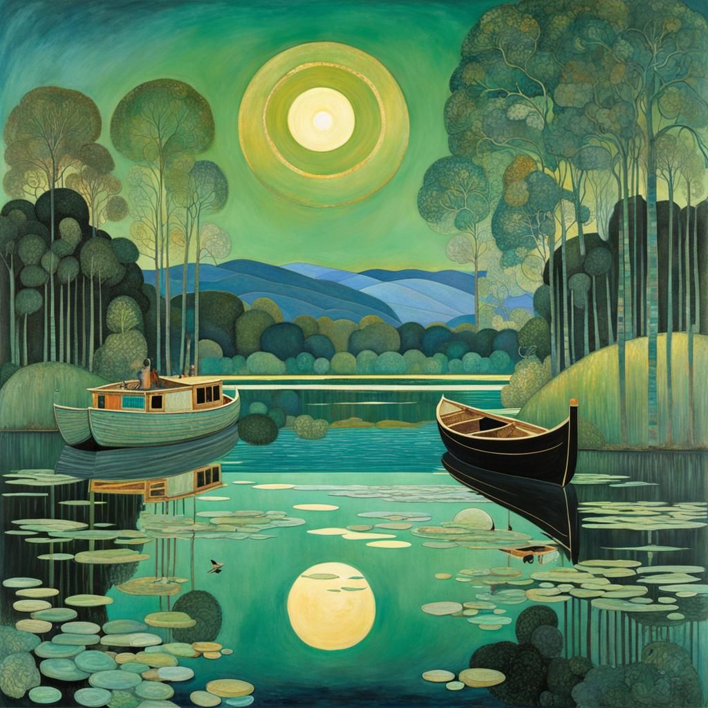 Green and Blue Sunset Lake, Art Nouveau Style
