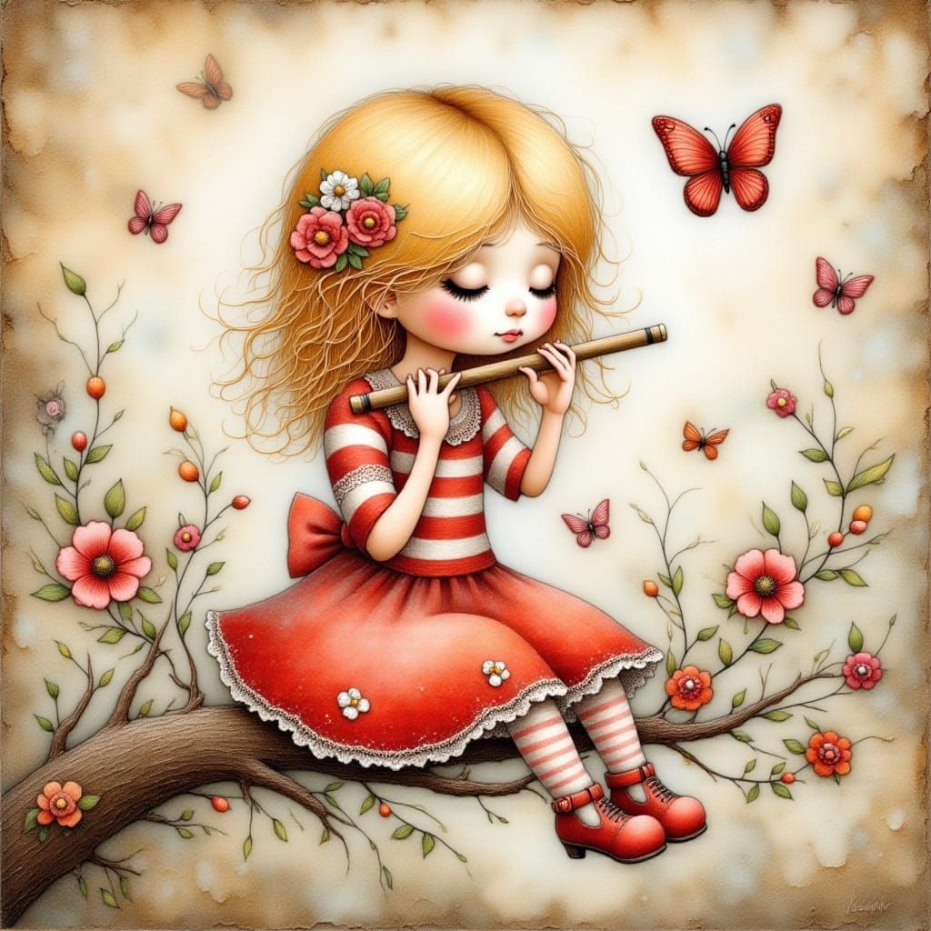 Adorable Girl Plays Flute in Enchanted Forest