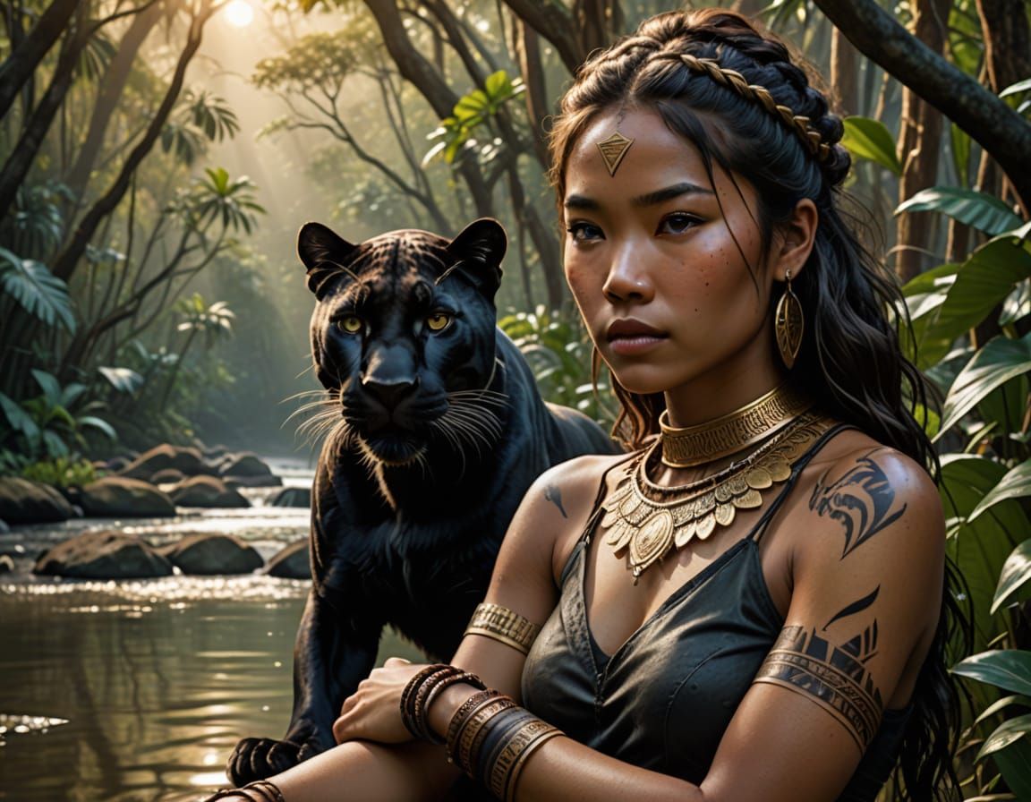 Tribal Woman with Panther in Jungle, Photorealistic 8K