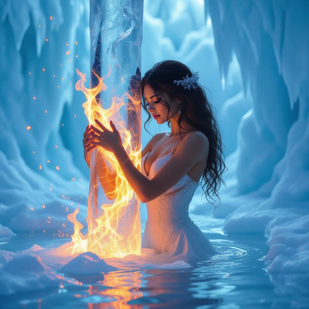 Woman Embraces Water Column Amidst Fire and Ice