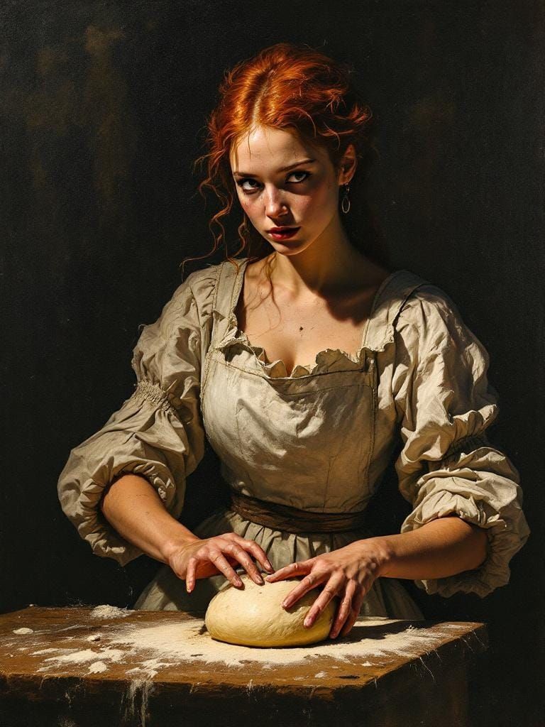 Redhead Baker in Kitchen with Impasto and Noir Lighting