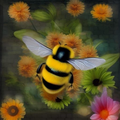 Colorful Bumble Bees and Flowers Collage Texture