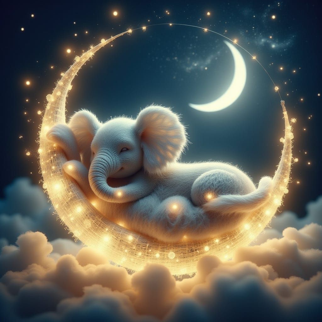 Ethereal Baby Elephant Basks on Crescent Moon