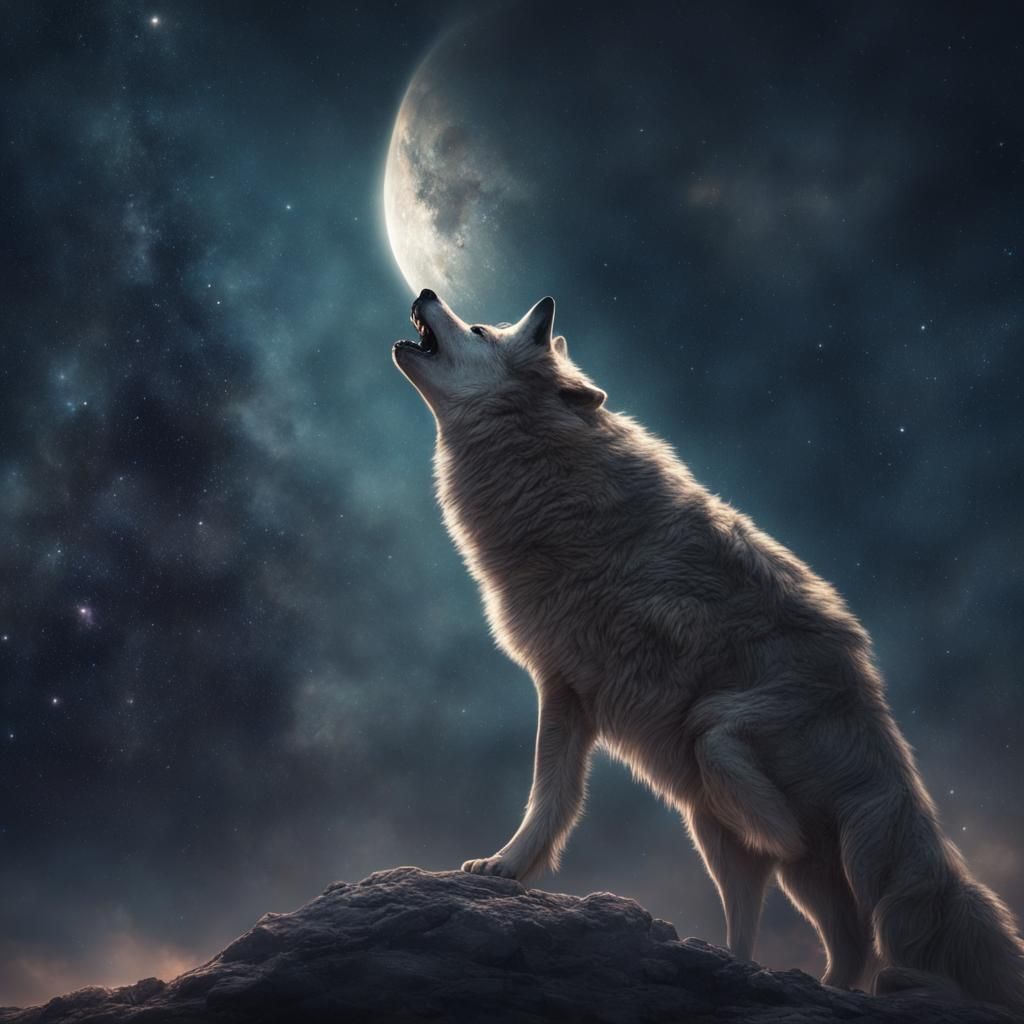 Wolf Howling at Galaxy Night Sky: Digital Painting