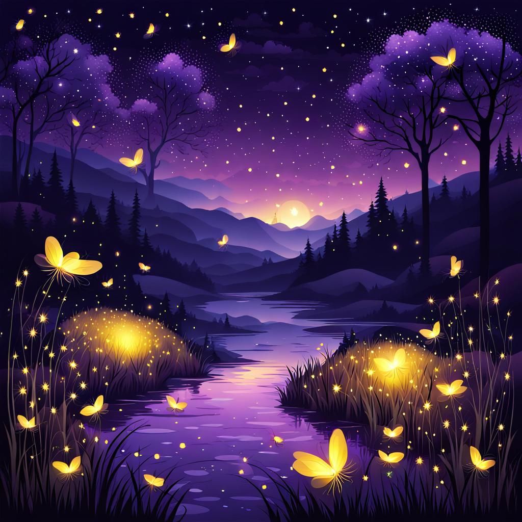 Night scenery in heaven, magical and full of fantasy with fireflies, dark purple and  thin yellow sky