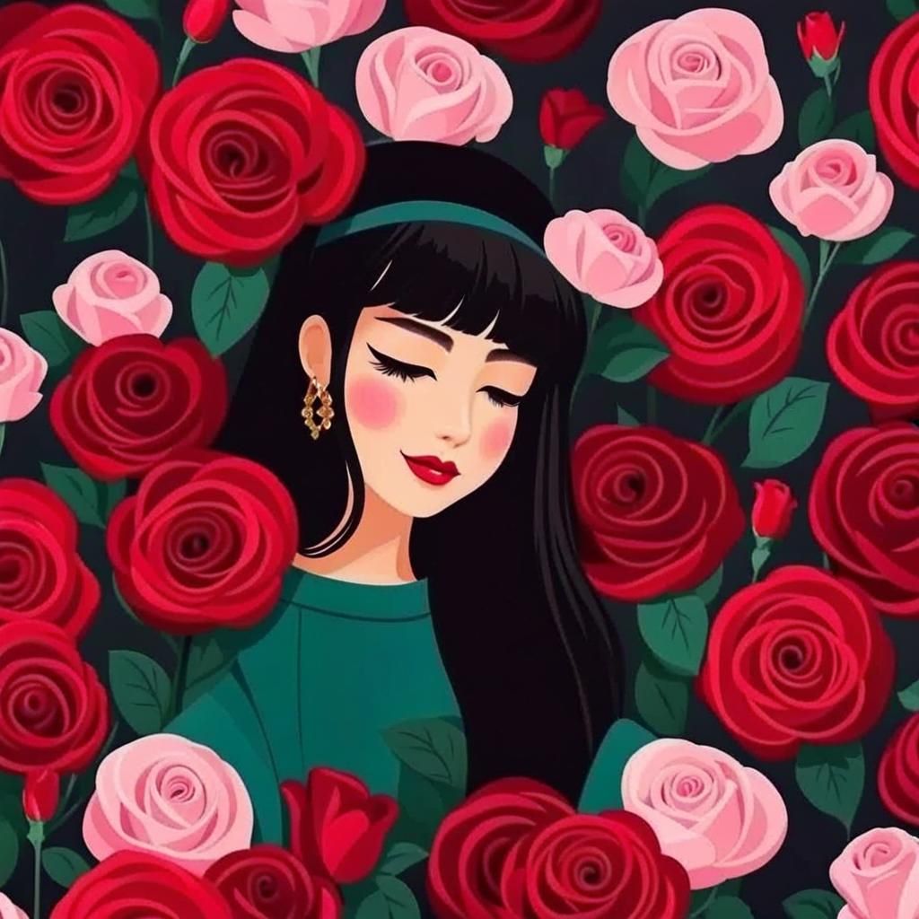 Oriental Girl in Roses: AI Interpretation