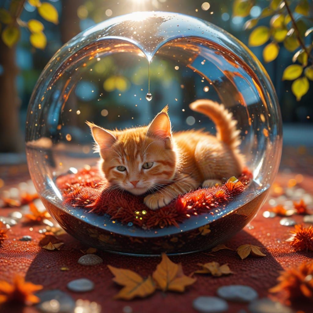 Red Kitten Sleeps Inside Glass Heart: Oil Painting