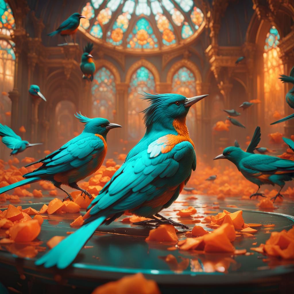 Hyperdetailed Bird Art in Orange and Teal