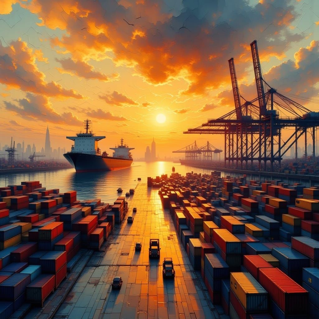 Rotterdam Harbor Sunset: Photorealistic Industrial Landscape